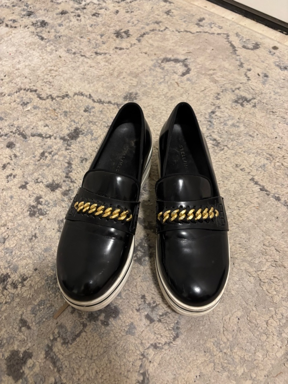 Stella McCartney Black Platform Loafers with Gold Chain